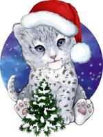 leopardo de neve de natal bonito dos desenhos animados, pintado à mão com ilustração em aquarela pode ser usado para peças infantis ou cartazes infantis em um fundo isolado transparente vetor