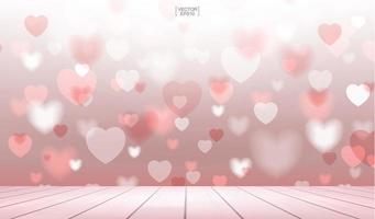 corações vermelhos borrados com terraço de madeira para o dia dos namorados vetor