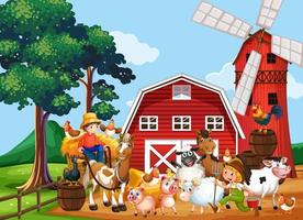 cena de fazenda com moinho de vento, celeiro e animais vetor