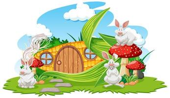 casa de milho com três coelhos em estilo cartoon vetor