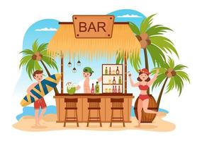 bar de coquetéis tropical servindo bebidas alcoólicas de suco de frutas ou coquetéis à beira-mar na ilustração de modelo de desenho animado desenhado à mão plana vetor