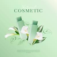 produto cosmético natural e flores de lírio de calla sobre fundo verde vetor
