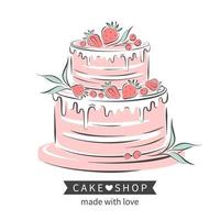 logotipo da loja de bolos. bolo decorado com frutas. ilustração vetorial em fundo branco para menu, livro de receitas, padaria, café, restaurante. vetor