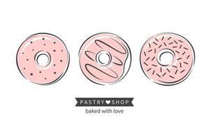 pastelaria e padaria. rosquinhas diferentes. ilustração vetorial para logotipo, menu, livro de receitas, padaria, café. vetor