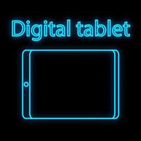 sinal de néon digital azul luminoso brilhante para loja ou centro de serviço de oficina lindo brilhante com um tablet moderno em um fundo preto. ilustração vetorial vetor