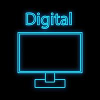 sinal de néon digital azul luminoso brilhante para loja ou centro de serviço de oficina lindo brilhante com um moderno monitor de computador lcd de tela plana em um fundo preto. ilustração vetorial vetor