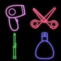 cabeleireiro definido em estilo neon em um fundo preto. bolsa de cabeleireiro com secador de cabelo de mão para modelar, babyliss, perfume e tesoura. sinal para um cabeleireiro. ilustração vetorial vetor