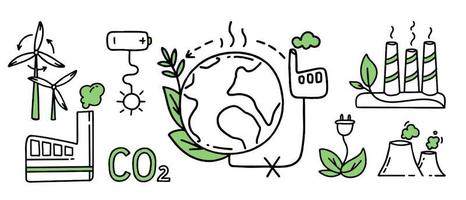 conjunto de elementos conceito de mudança climática co2 ilustração de doodle isolado de vetor de energia verde