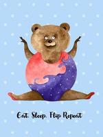 pôster em aquarela com acrobacias de urso no barbante em terno roxo e rosa sobre fundo azul. garota de urso de aeróbica engraçada. cartaz comer. sleep.flip repetir vetor