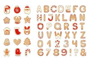 alfabeto de biscoitos de gengibre de natal com figuras. letras de biscoito, personagens para mensagens de natal e design. ilustração vetorial com decorações. vetor