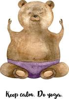 aquarela sentado urso ioga em roxo. menino urso engraçado. urso ioga. ilustração em aquarela com ioga de urso fofo vetor