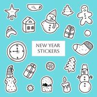 doodle adesivos fofos de natal e ano novo. conjunto de elementos desenhados à mão de inverno vetor