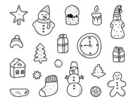 conjunto de elementos de natal e ano novo em estilo doodle isolado no fundo branco. elementos de inverno desenhados à mão em preto e branco vetor