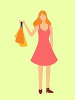garota de vestido rosa fazendo compras enquanto carregava sacos de papel na ilustração de mão vetor