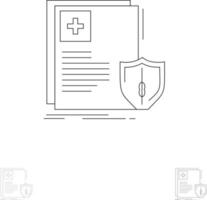 escudo de proteção de documentos saúde médica conjunto de ícones de linha preta em negrito e fino vetor