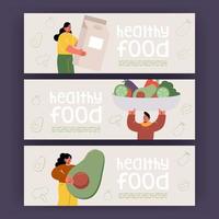 cartazes de comida saudável com legumes e caixa de leite vetor