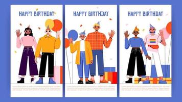 cartões de feliz aniversário com diversas pessoas vetor