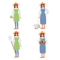 mulher agricultora com pá, legumes, ovelhas. ilustração vetorial vetor