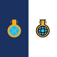 ícones de experimento de química de frasco químico plano e conjunto de ícones cheios de linha vector fundo azul