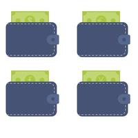 conjunto de carteiras de couro com dinheiro dólar, euro, libra, iene. isolado no fundo branco. ilustração vetorial. vetor