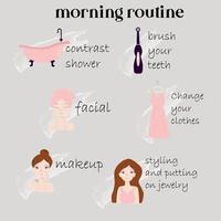 rotina matinal. como se preparar de manhã. manhã de uma menina. como limpar. Maquiagem. lavando. infográficos vetor