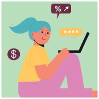 comercialização nas redes sociais. mulher, menina sentada no chão em seu laptop nas cores rosa, amarelas.