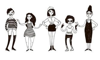 conjunto de mulheres doodle em estilo retro. vetor