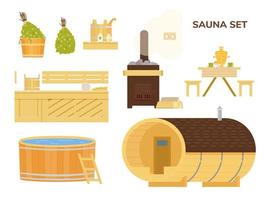 conjunto de elementos de sauna de vetor plana. balneário de madeira, piscina, barril de banho, mesa de chá com samovar, vassouras de bétula, fogão a lenha, baldes, termómetro, óleos essenciais.