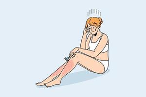 problemas de pele após o conceito de barbear. jovem mulher chorando sentada com as pernas doloridas vermelhas tendo problemas com a ilustração vetorial de barbear vetor