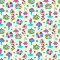 cogumelos de mão coloridos e padrão sem emenda de bola de discoteca de abóbora. groovy hippie halloween. fundo de estilo retrô anos 60, anos 70 vetor