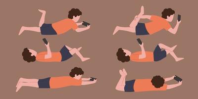 crianças usando smartphone no conceito de vício em smartphone com várias poses. projeto plano. vetor