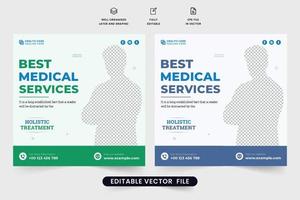 modelo de serviço de saúde clínica para propaganda. vetor de postagem de mídia social do hospital moderno com cores verdes e azuis. modelo de banner web promocional médico para marketing digital.