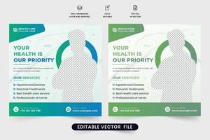 vetor de postagem de mídia social médica com espaços reservados para fotos. design de cartaz de serviço de saúde hospitalar para marketing digital. vetor de modelo de anúncio de serviço de saúde com cores verdes e azuis.