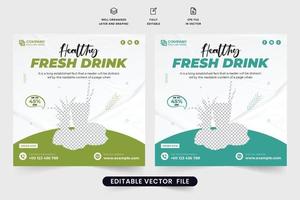 vetor de modelo promocional de bebida fresca e saudável para restaurantes e bares de suco. suco orgânico e design de cartaz de propaganda de coquetel com cores verdes e azuis. publicação de mídia social de bebida saudável.