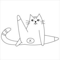 doodle fofo gato engraçado lambendo. mão desenhada com linhas de contorno no fundo branco animal de estimação vetor