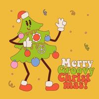 personagem de árvore de natal de desenho retrô no estilo hippie vintage dos anos 60 na moda. feliz groovy natal letras de texto para convite de festa, cartaz de natal groovy, cartão de felicitações. ilustração vetorial. vetor