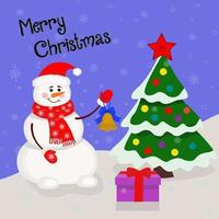 cartão bonito de inverno. ilustrações vetoriais de personagens. um boneco de neve alegre veste uma árvore de natal. desenhos para parabéns pelo ano novo e natal. bela ilustração. vetor