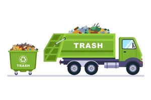 caminhão verde e lata de lixo de plástico. ilustração vetorial plana.