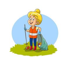 garota vestindo coletes laranja coleta lixo para reciclagem no parque. garoto coletando garrafas plásticas e lixo para reciclagem. menino joga lixo na lixeira. educação infantil vetor