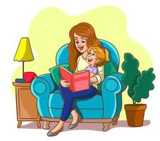 menina lendo um livro com a mãe no sofá. ilustração vetorial fofa em estilo simples vetor