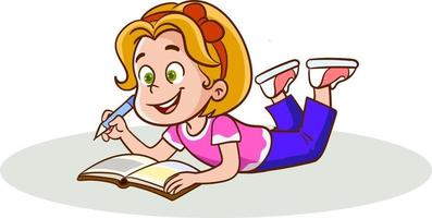 doce menina deitada de bruços e lendo um livro, criança gostando de ler, ilustração vetorial de personagem colorida vetor