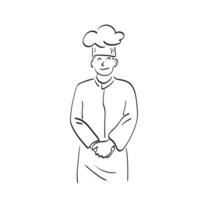 chef masculino em pé com ilustração vetorial de chapéu desenhado à mão isolado na arte de linha de fundo branco. vetor