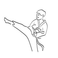 menino de arte de linha em terno de karatê chutando ilustração vetorial desenhada à mão isolada no fundo branco vetor