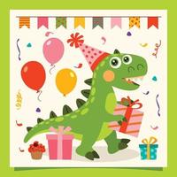 cartão de aniversário com personagem de dinossauro vetor