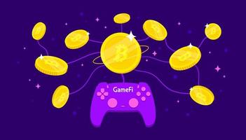 conceito de gamefi. moedas de criptomoeda com controlador de jogo em fundo azul. vetor