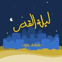 pinceladas editáveis estilo cidade paisagem ilustração vetorial com escrita árabe de laylat al-qadr no céu noturno com lua e estrelas para oração islâmica durante o conceito de design relacionado ao mês do ramadã vetor