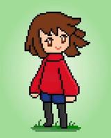 8 bits de personagem feminina de pixel. anime feminino em ilustrações vetoriais para ativos de jogos ou padrões de ponto cruz. vetor