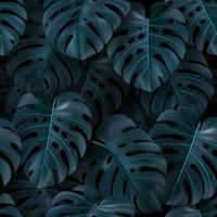 ilustração vetorial tropical com folhas verdes monstera em fundo escuro. padrão sem costura realista para têxteis, estilo havaiano, papel de parede, sites, cartão, tecido, web design. textura botânica exótica vetor