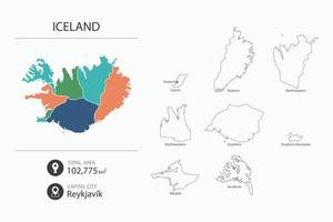 mapa da Islândia com mapa detalhado do país. elementos do mapa de cidades, áreas totais e capitais. vetor