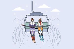 elevador de esqui e conceito de atividades de inverno. esquiadores jovens positivos subindo no teleférico para deslizar colinas nas montanhas ao ar livre desfrutando de ilustração vetorial de conversa vetor